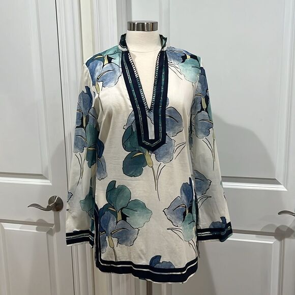 New! Tory Burch Iris Floral Prints Kaftan Tunic Top Size 8 100% Cotton NWT - Picture 3 of 16